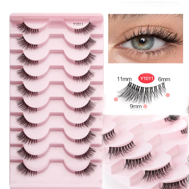 3/5/10Pairs Half False Lashes Natural Short 3D Cat Fake Mink Eyelashes Extension Winged Fluffy Wispy Faux Cils Clear Band Makeup