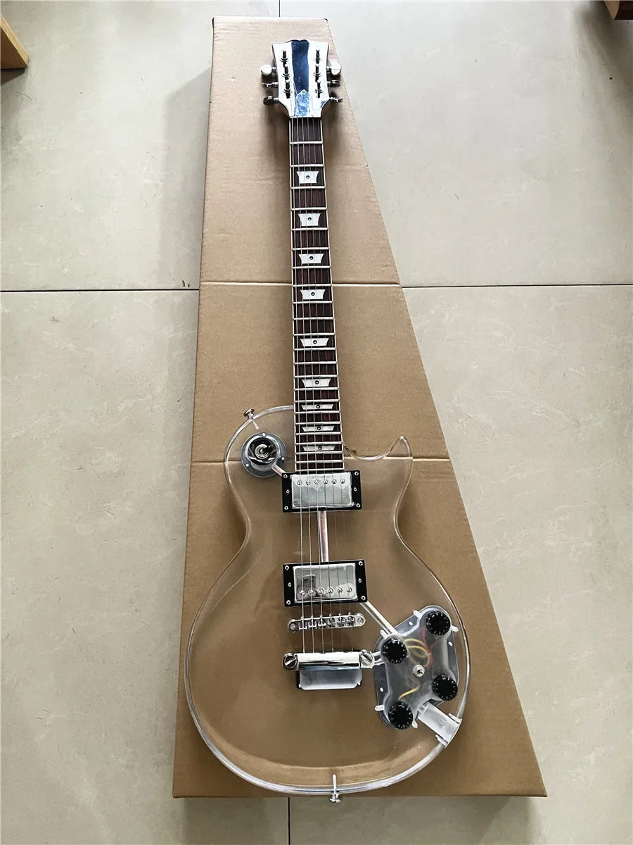 High quality custom crystal acrylic transparent Plexiglass 6-string electric guitar rose wood fingerboard led color lights