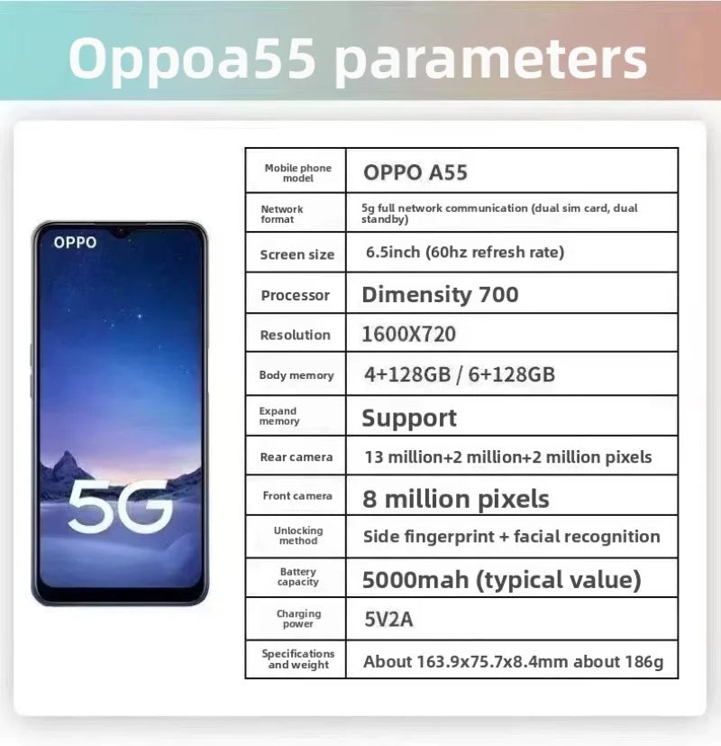 OPPO A55  4GB/6GB RAM 64GB/128GB ROM 50MP AI Camera 5000mAh Long Battery Life 4G LTE Dual SIM Phone Smartphone Mobile Phones