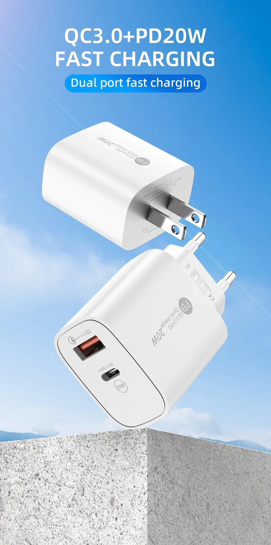 20W USB C Charger PD Fast Charging Quick Charge QC3.0 Type C Mobile Phone Wall Adapter for IPhone 15 Samsung Xiaomi USB Charger
