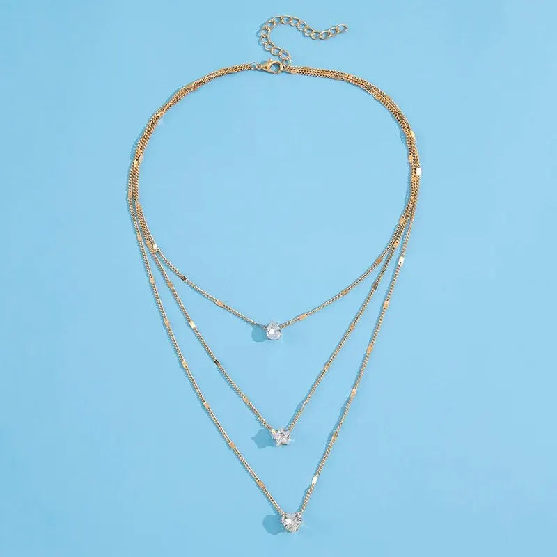 1Pc Multi-layered Dainty Light Luxury Water Drop Love Heart Star Set Chain Pendant Metal Collarbone Necklace Gift For Girl Women