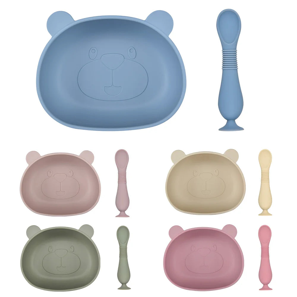 BPA Free Silicone Panda Dishes for Baby 2Pcs/1Set Silicone Baby Feeding Bowl Tableware Waterproof Spoon Non-Slip Crockery Bowl