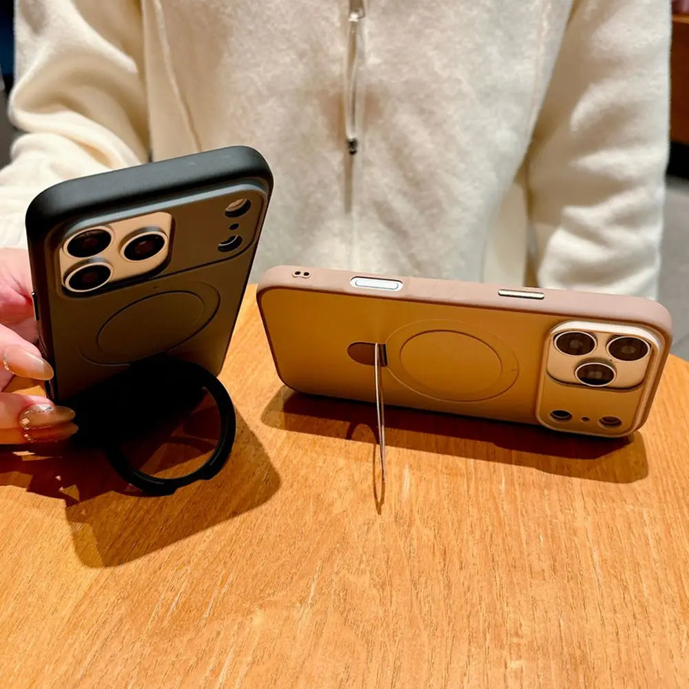 Luxury Skin Feel for Magsafe Phone Case For iPhone 17 16 13 15 Pro Max 14 Plus Magnetic Bracket Stand Anti-slip PC Cover