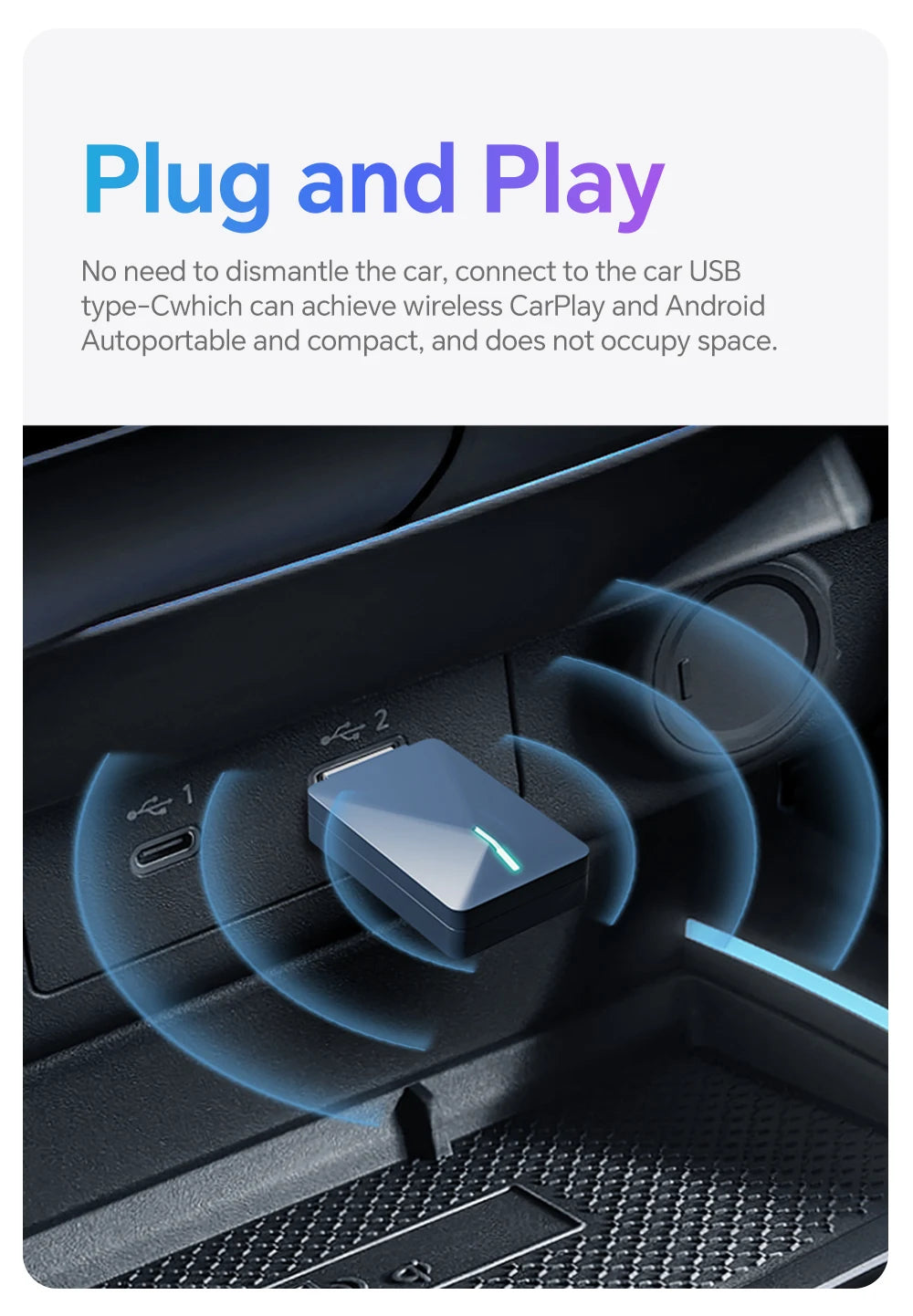 Mini Box Wired to Wireless CarPlay and Android Auto 5GHz WiFi5 Transmission Speed Plug and Play Fashionable and Portable
