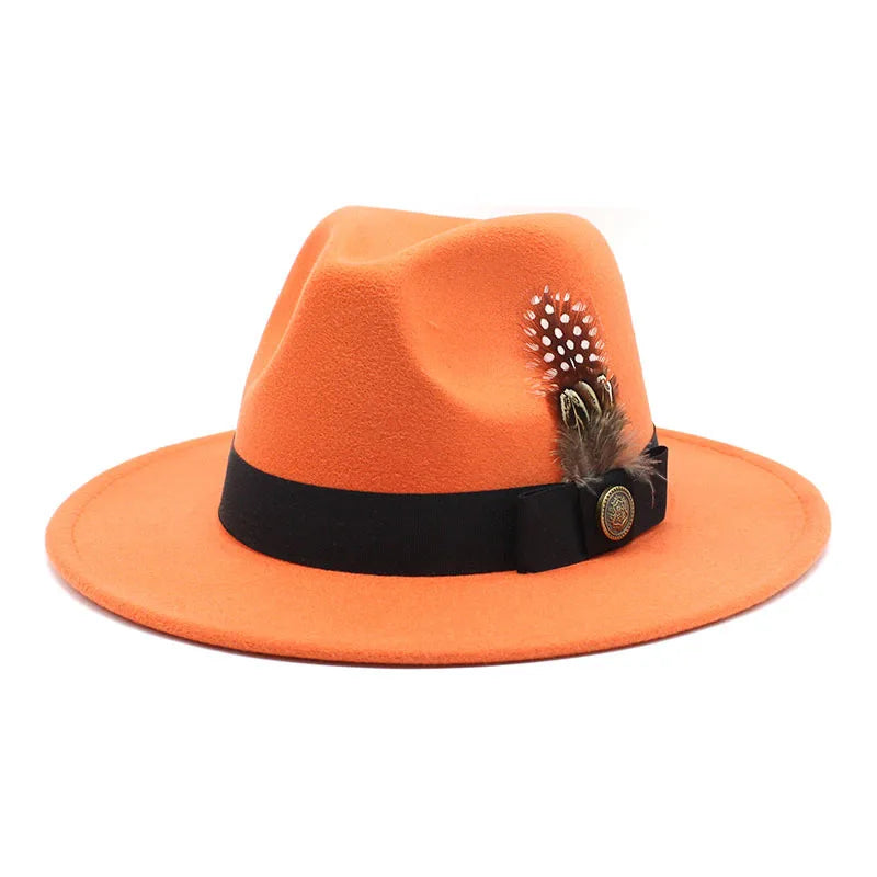 White Woolen Gentleman Classic British Jazz Feather Top Hat Wide Brim Party Church Wedding Fedora Hats Men Women Panama Felt Cap