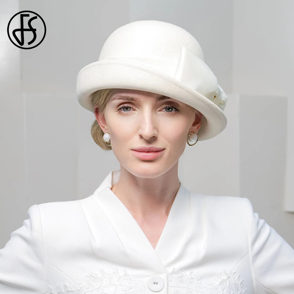 Wool Felt Fedoras Hats for Women Ladies White Black Elegant Curl Brim Top Hat for Wedding Bride Formal Church Cocktail Tea Party
