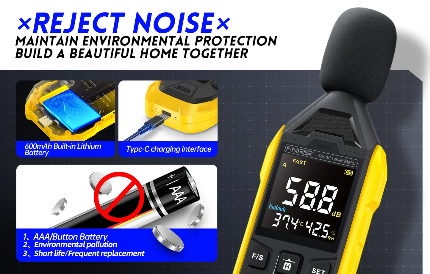 FNIRSI FDM01 Noise Measuring Instrument Sound Level Meter Digital Handheld DB Meter 30~130dB Audio Measuring Instrument