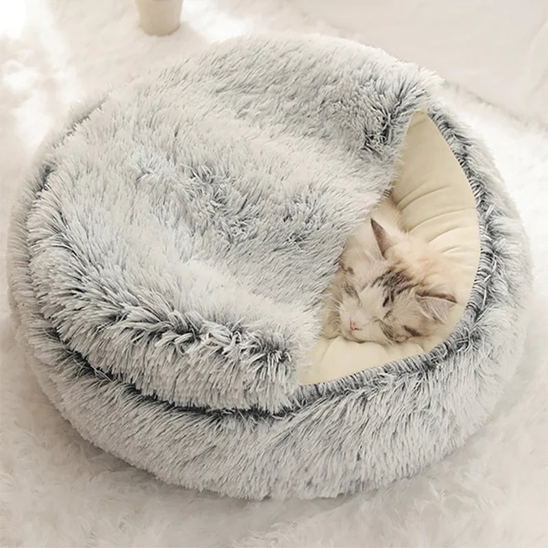 Cat Bed Round Plush Fluffy Hooded Cat Bed Cave,  S/M/L Cozy for Indoor Cats or Small Dog beds, Doughnut Calm Anti-nxiety Dog Bed