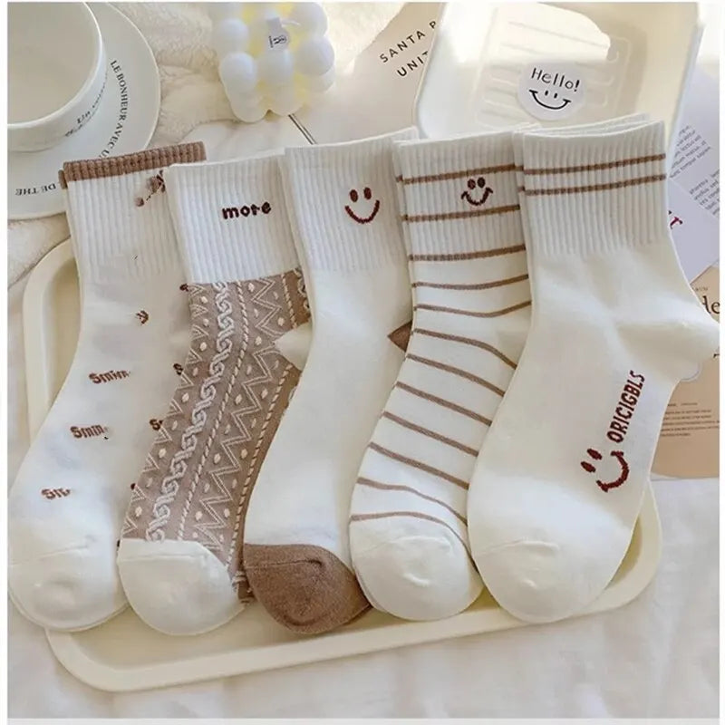 5 Pairs Cute Expression Print Socks, Comfy & Funny All-match Mid Tube Socks, Women's Stockings & Hosiery
