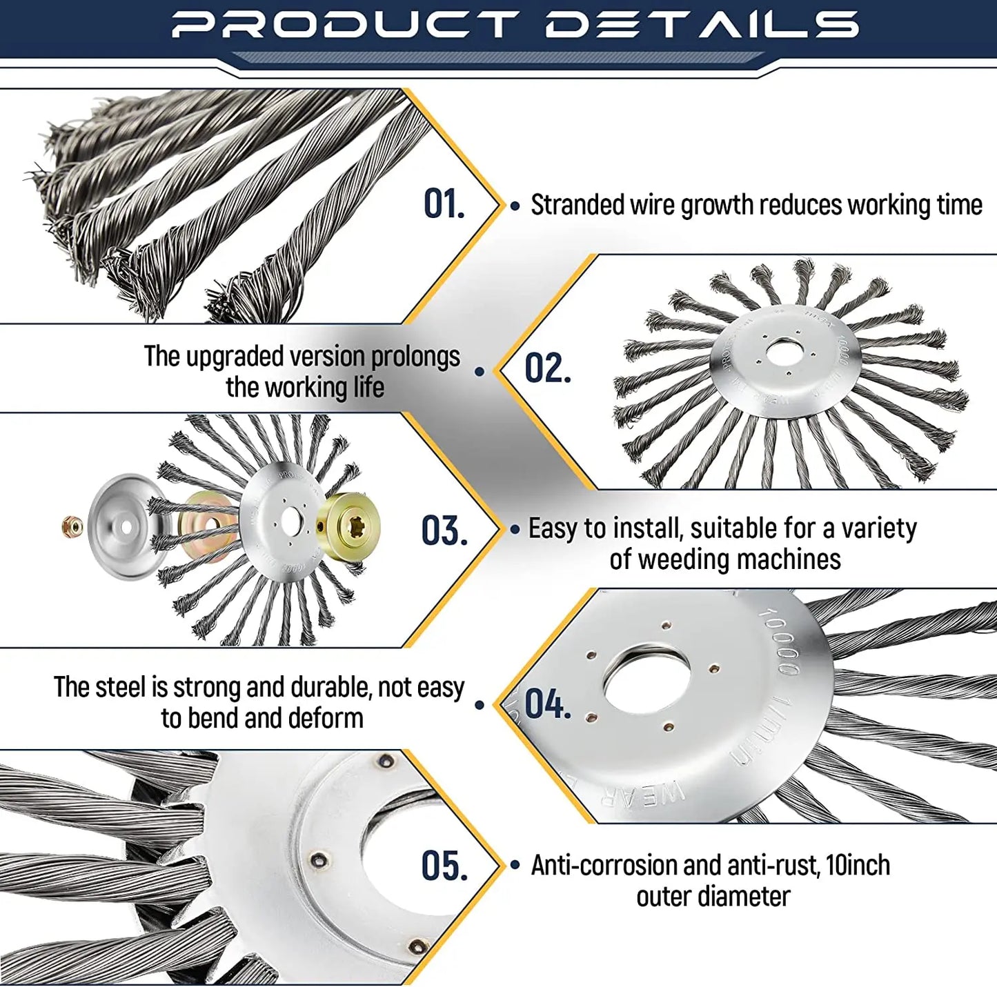 LUSQI 10'' Steel Wire Wheel Grass Trimmer Head Garden Weeding Brush Replacement For Home Gas-Power Brushcutter Removal Rust&Moss