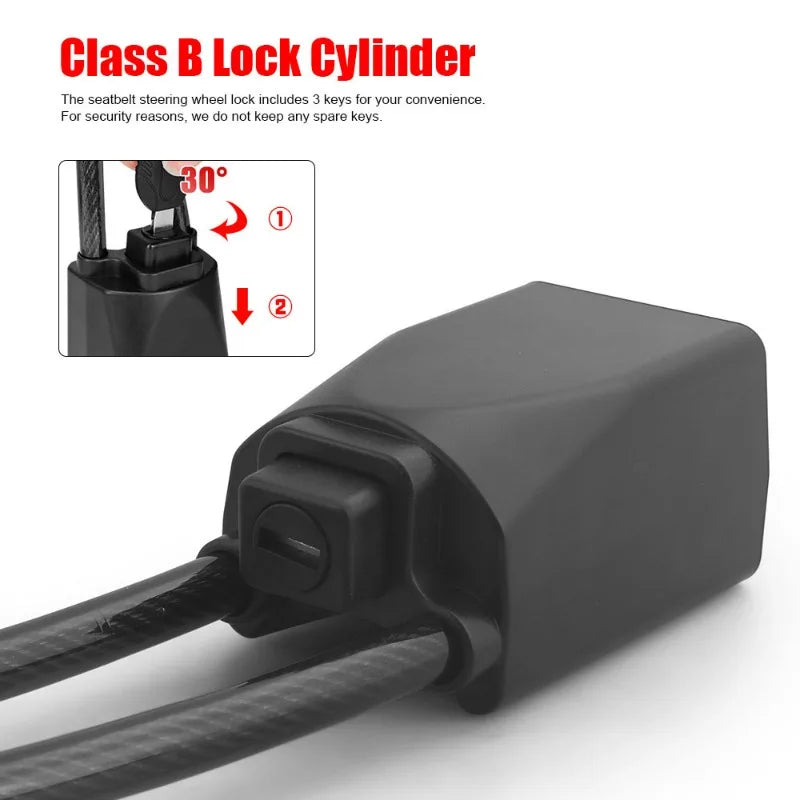 Car Steering Wheel Lock With Seat Belt Socket Steel Rope For Truck SUV Van RV With 3 Keys Universal Anti Theft Protection Device