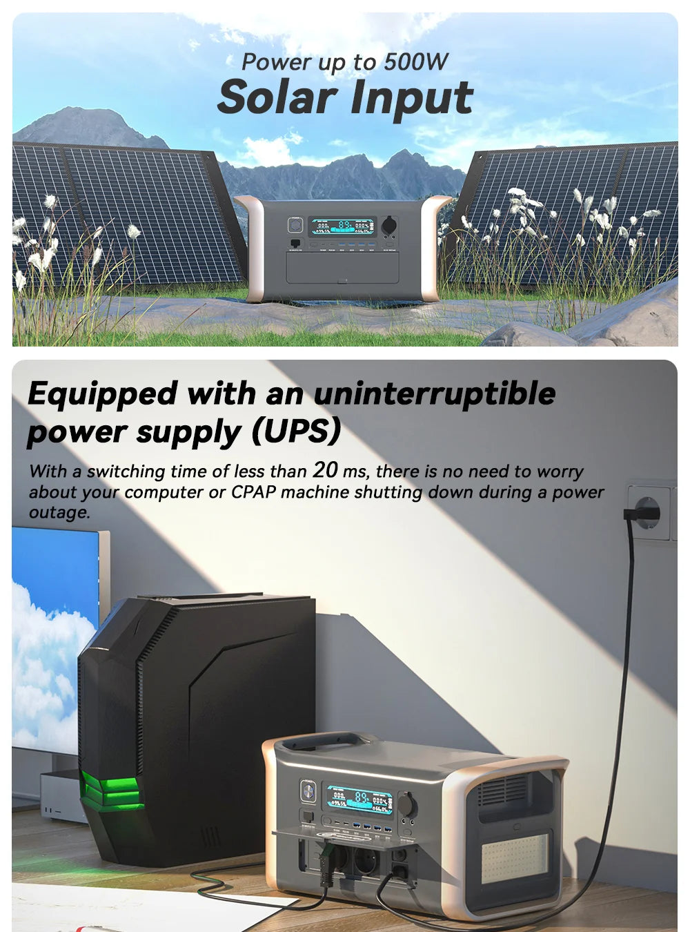 2600W Portable Power Station,Solar Generator 1800W,Camp Lamps with Battery,USB DC AC Outlets, For Emergency Power Supply