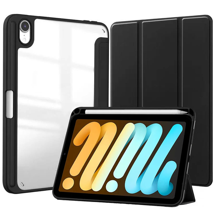 Flip Tablet Cover For iPad Mini 6 8.3'' 2021/Mini 7 2024 (A17 Pro) A2995 Acylic Back Case With Pencil Holder Auto Wake up /Sleep
