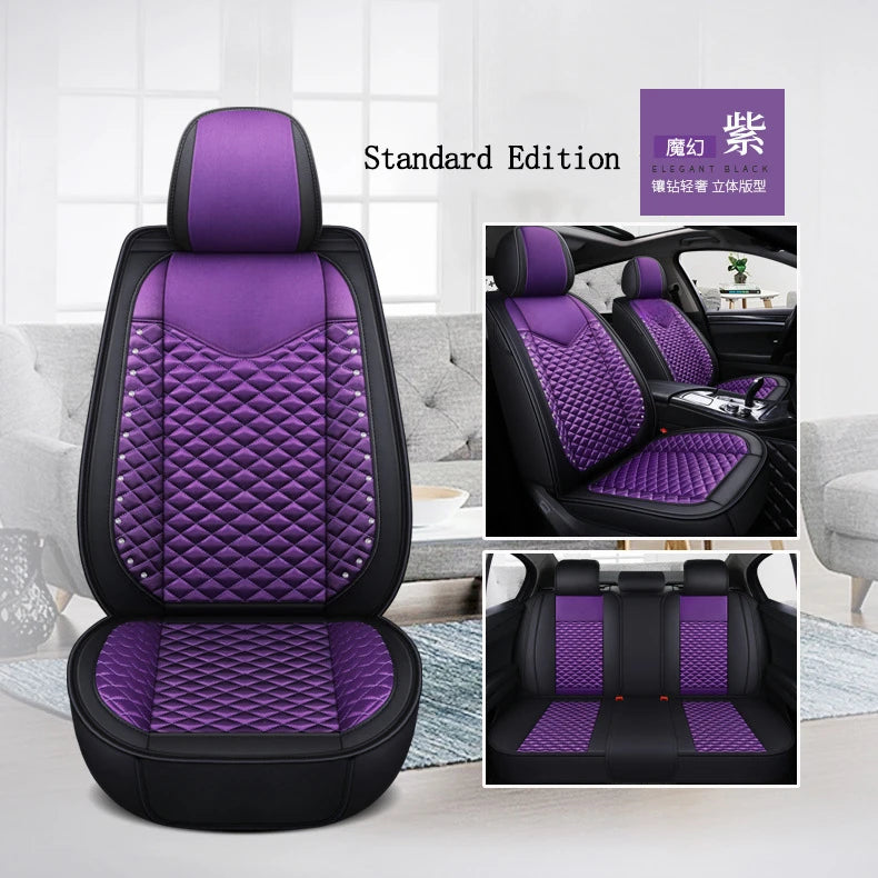 4 Pc Breathable 3D Bling Diamond Inlaid Leather Flax Car Seat Cover For Women