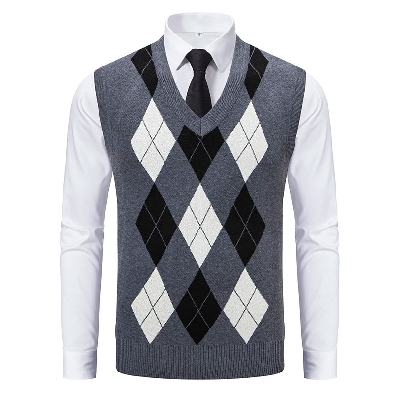 Mens Soft Sweater Vest Spring Autumn Sleeveless Knitted Pullover Husband Dad Fashion Knitted Vests Black Grey Plaid S-2XL