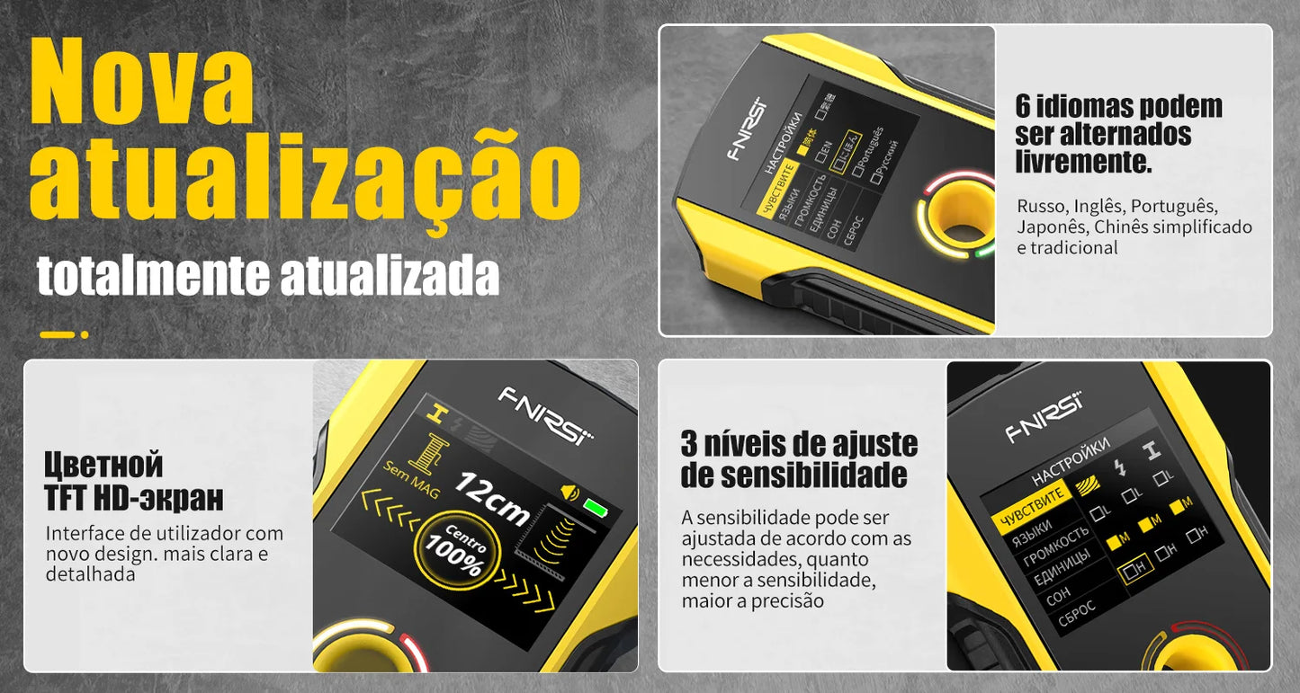 FNIRSI WD-02 Versão em português Detetor de parede Localizador de vigas Cabos CA com carga Vigas de metal Vigas de madeira