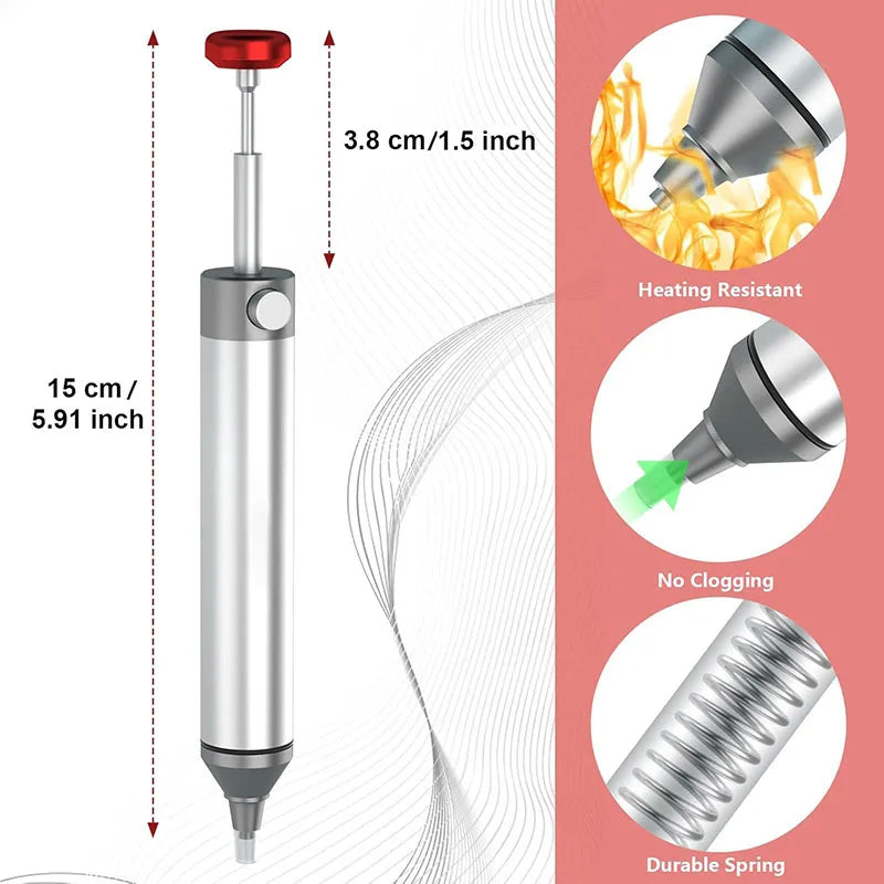 Solder Sucker Non-Clog Desoldering Pump for Removing Solder with Replaceable Heat-Resistant Silicone Tip and Spare Metal Tip