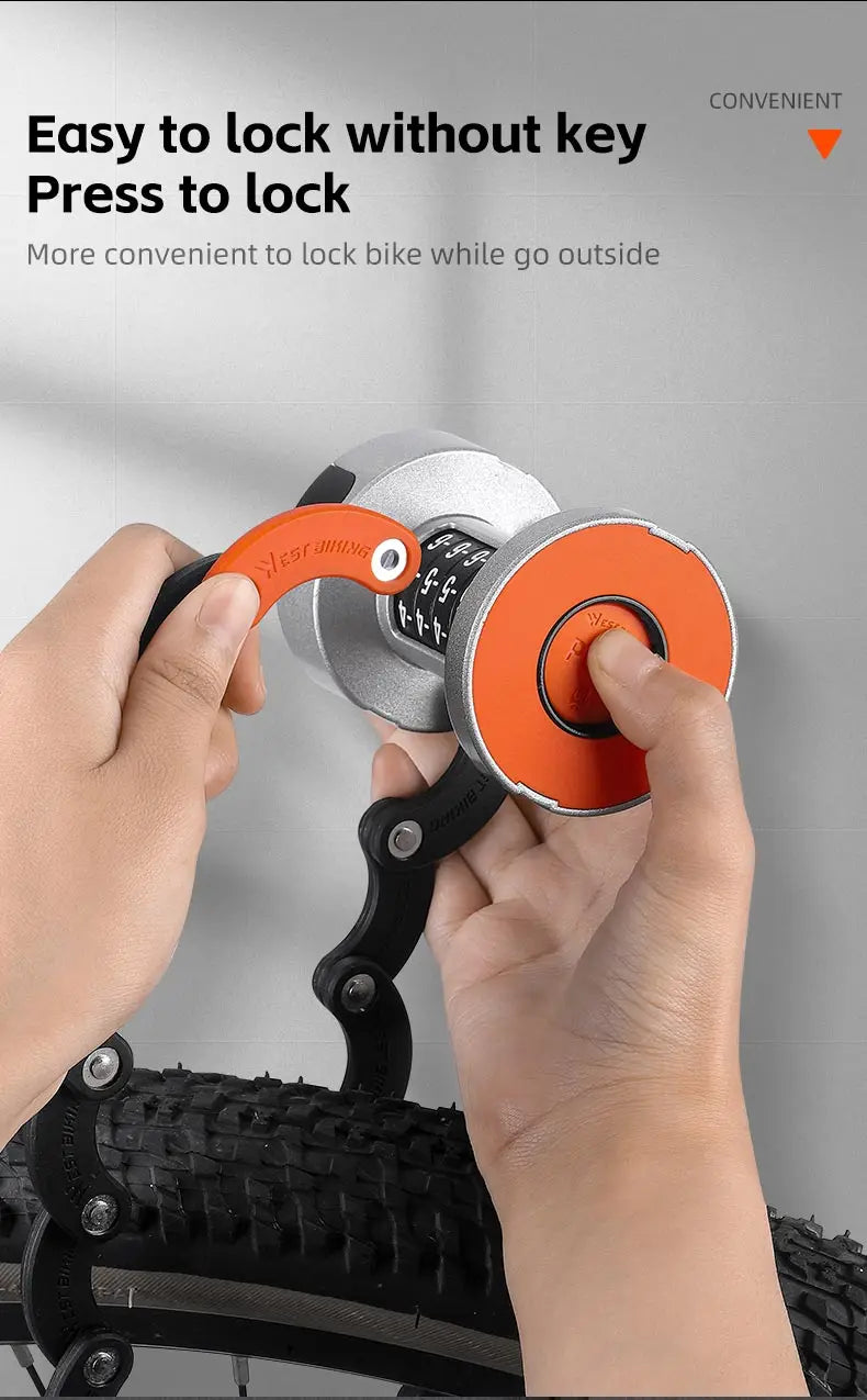 WEST BIKING Folding Bike Lock Combination Anti-theft Lock Portable E-Bike Heavy Duty Chain Lock Bicycle Cycling Accessories