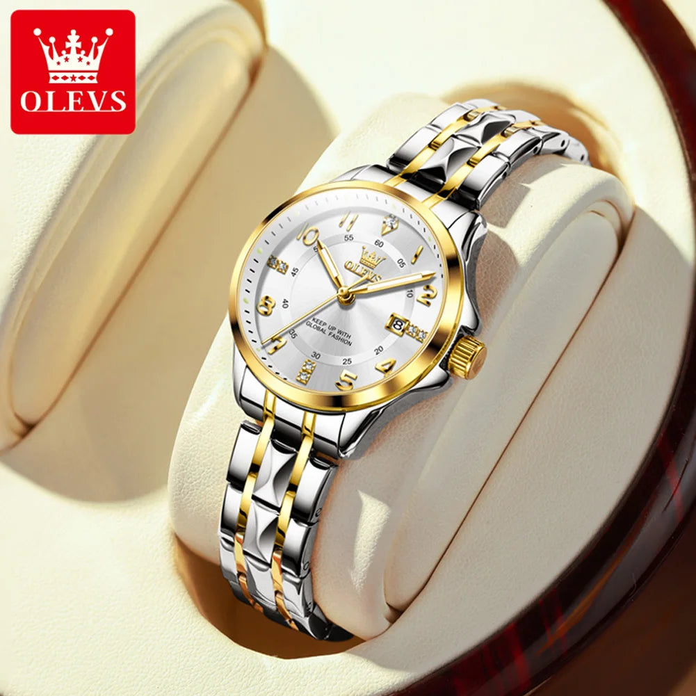 OLEVS 2910 Luxury Men Women Couple Watch Dual Calendar Display Waterproof Stainless Steel Clock Gold Diamond Couple Quartz Watch