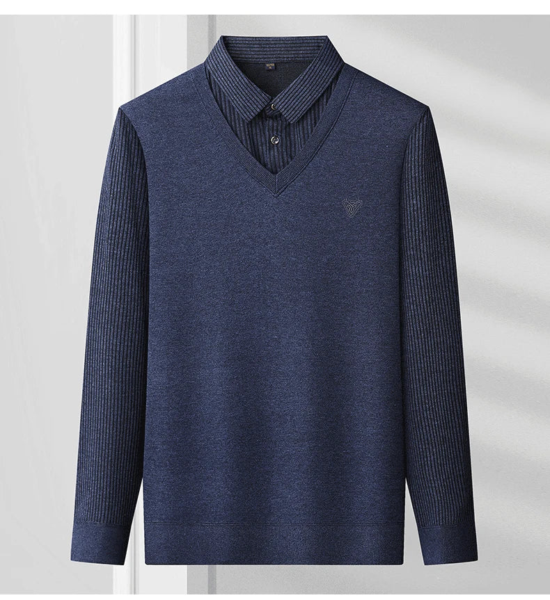 Mens Autumn Clothes Polo Collar Sweater Fake 2 Pieces Striped Velvet Jumpers Slim Fit Pullovers Elegant Knitted Sweaters