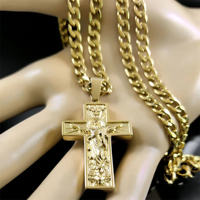 Stainless Steel Cross Jesus Pendant Necklace for Men Gold Color Hip Hop Cuban Chain Religious Crucifix Necklaces Jewelry NZZ470S