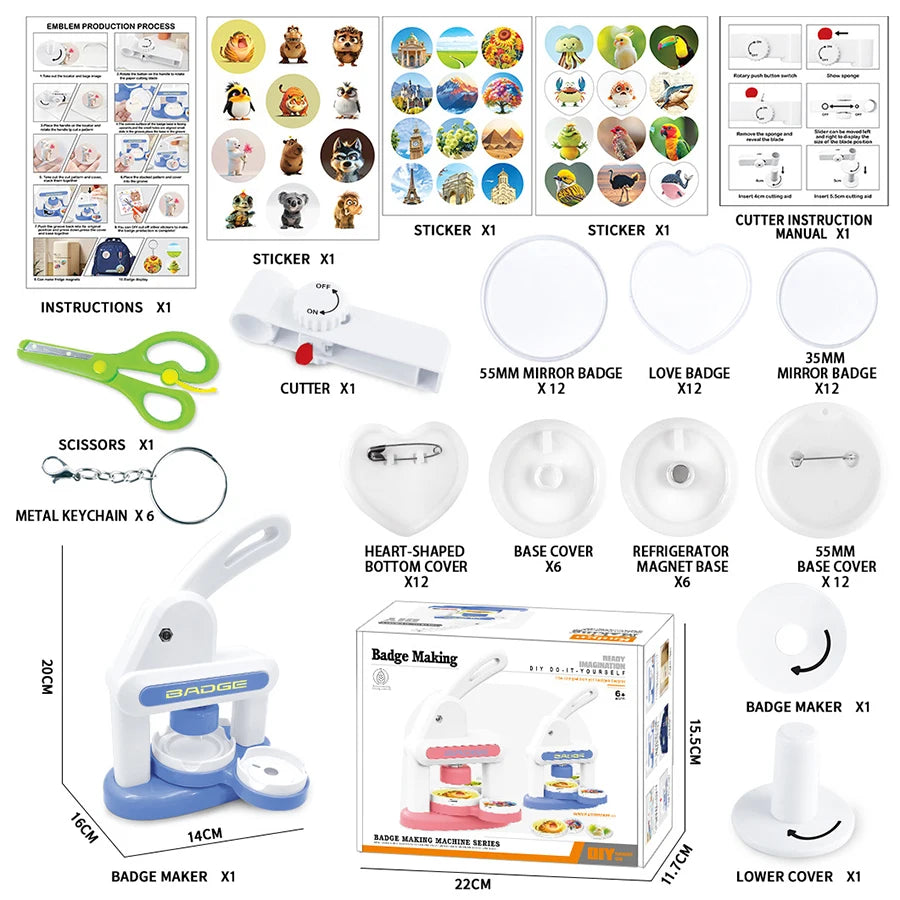 3in1 Button Maker Machine,Round/Heart Magnet DIY Pin Badge Maker,Portable Press Machine Badge Punch Kit with 36 Patterns Badges
