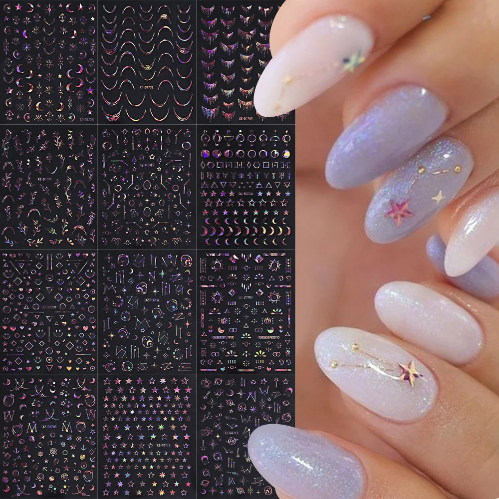 12Pcs Gold/Silver Tasse/Line/Star/Moon 3D Nail Art Stickers Leaf/Geometric Design Self-adhesive Sliders Luxury Manicure Decals