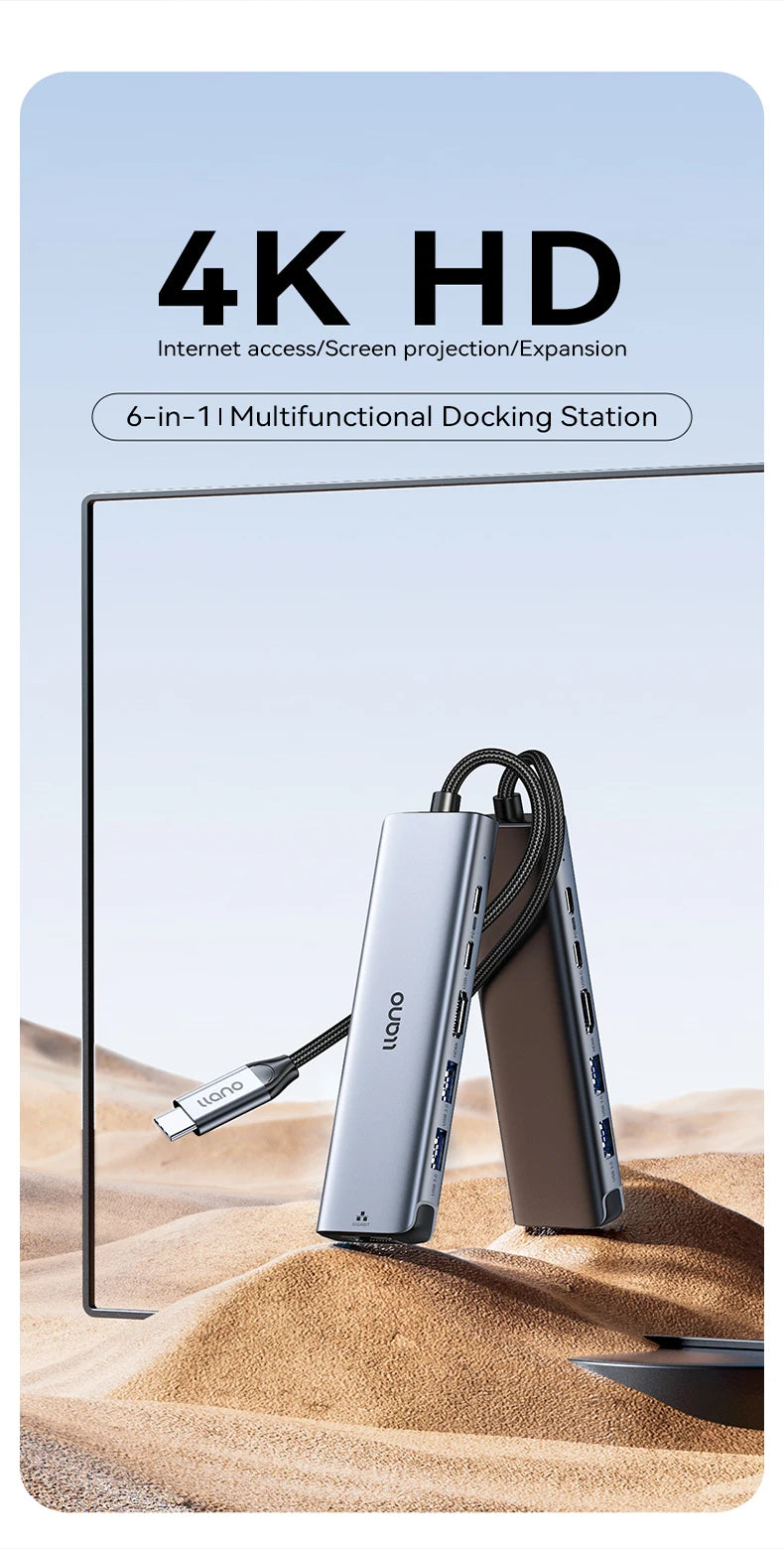 Llano USB-C Hub, 6 in 1 USB C Docking Station with 4K/60Hz HDMI, 100W PD Charging, 1000Mbps LAN, USB-C & USB-A 5Gbps Data Ports
