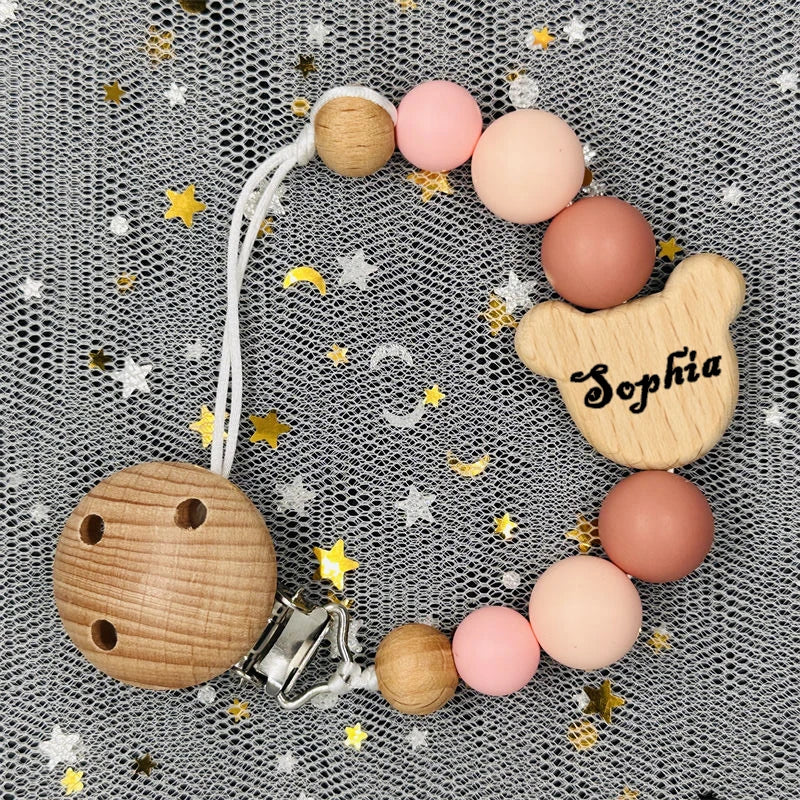 Custom Name Wood Personalized Baby Pacifier Chain Clip Silicone Bead Dummy Nipple Holder With Name Teether Pendant Newborn Gift