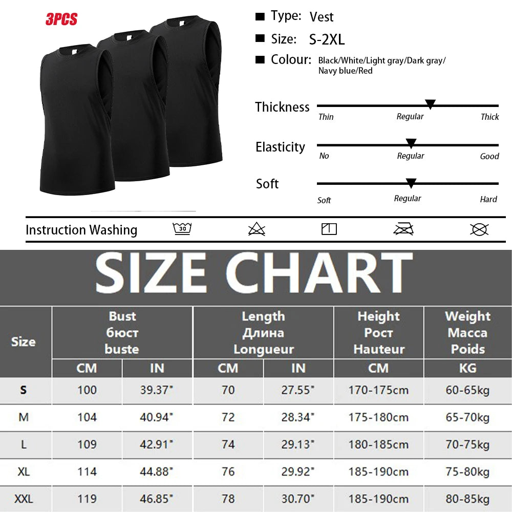 3-Piece Men's Sports Tank Top Solid Color Simple Sleeveless Slim Vest Men Quick Dry Fitness Basketball Running Training T-shirt