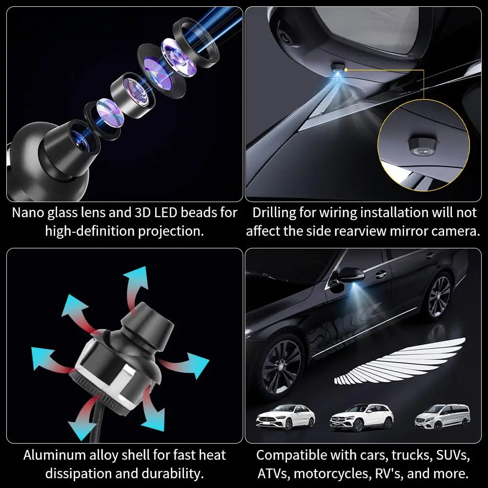 Angel Wings Car Projector Lights LED Door Side Rearview Mirror Welcome Ambient Lighting Unlocking/Locking Light Up 30 Seconds