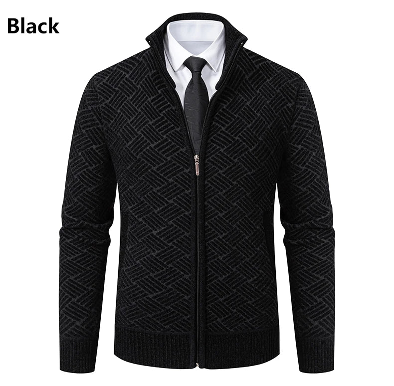 Mens Sweaters Jacket Full Zip Fleeced Sweater Cardigan Plaid Stand Collar Sweaters Coat Autumn Winter Homme Clothes
