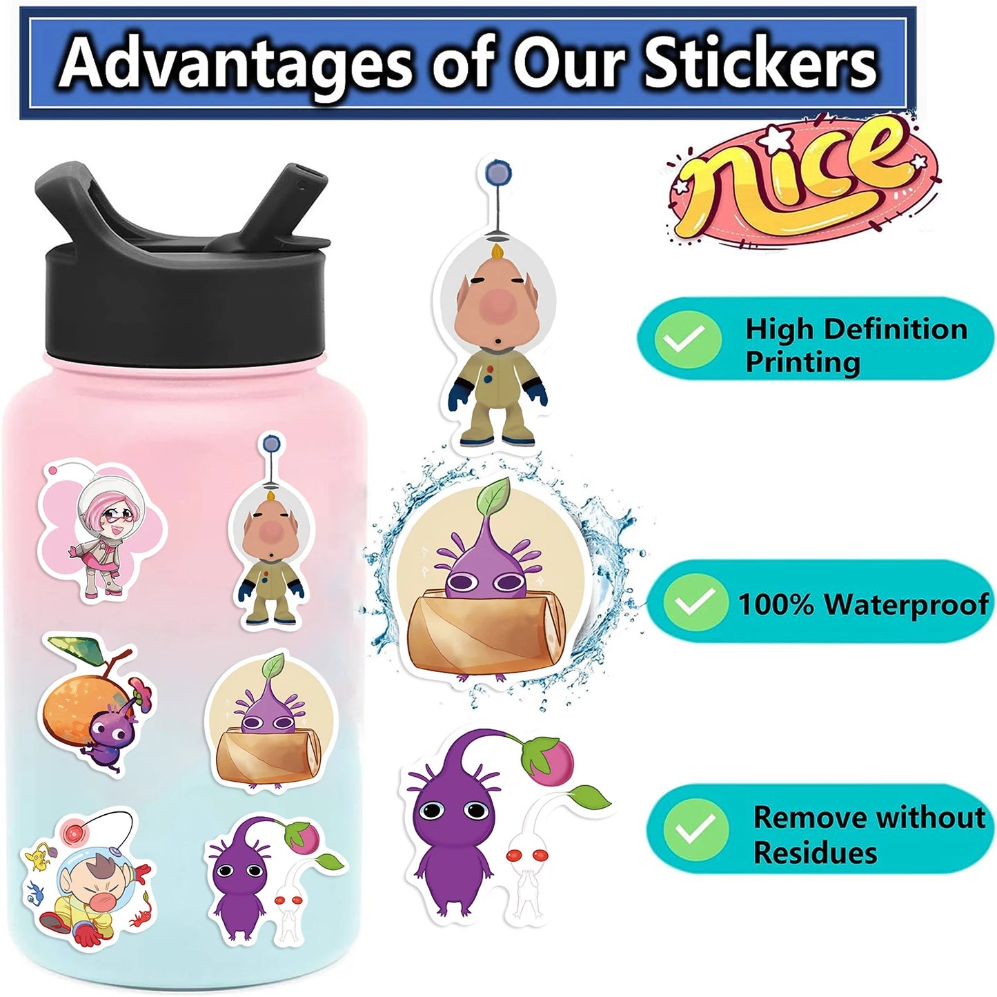 50pcs Cute Cartoon Pikmin Game Stickers for Kids Toys Waterproof Graffiti Laptop Skateboard Car Cool Anime Stickers Decals
