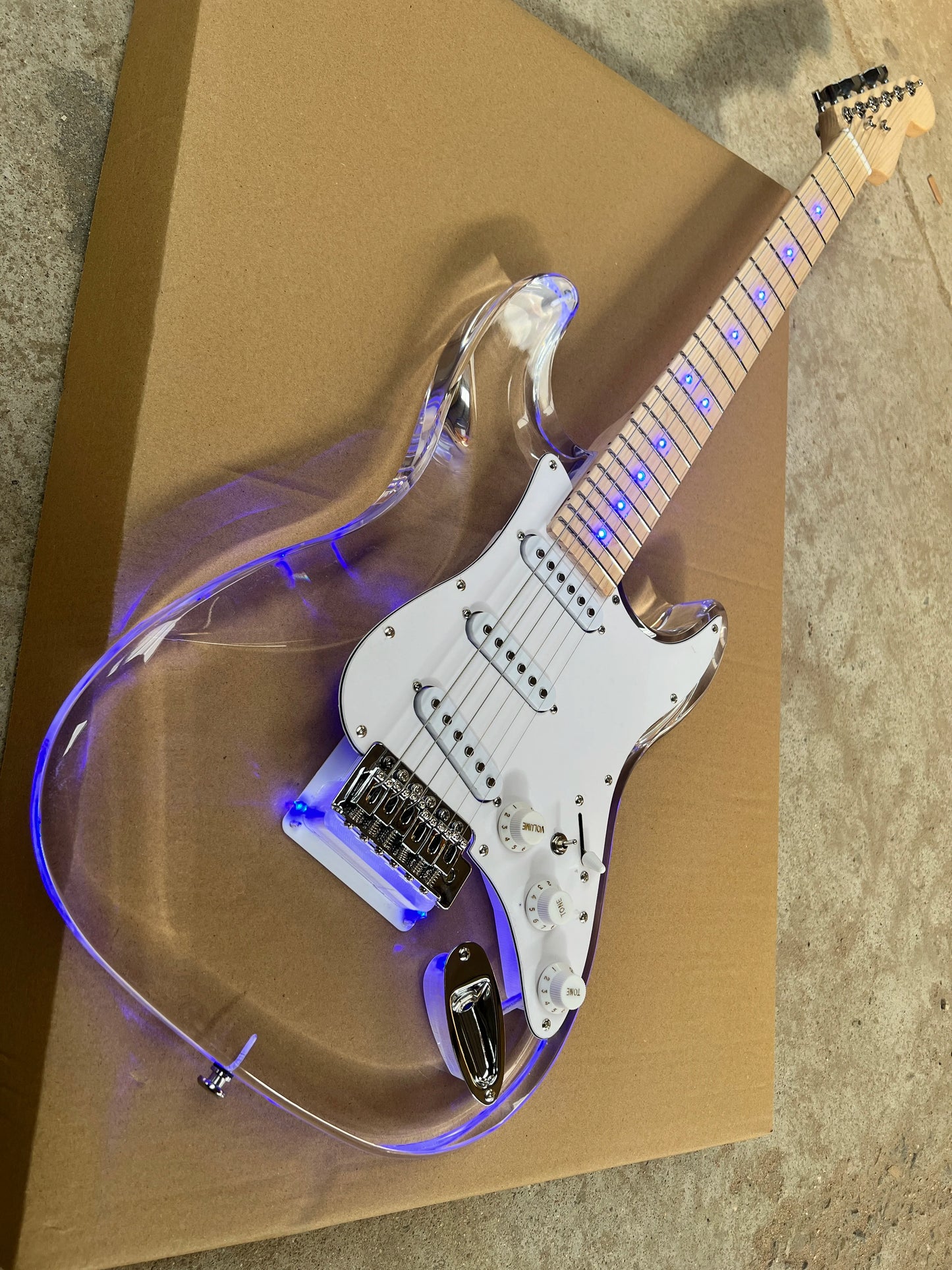Acrylic clear crystal Plexiglas 6-string electric guitar Blue LED lights Maple guitar neck Free shipping