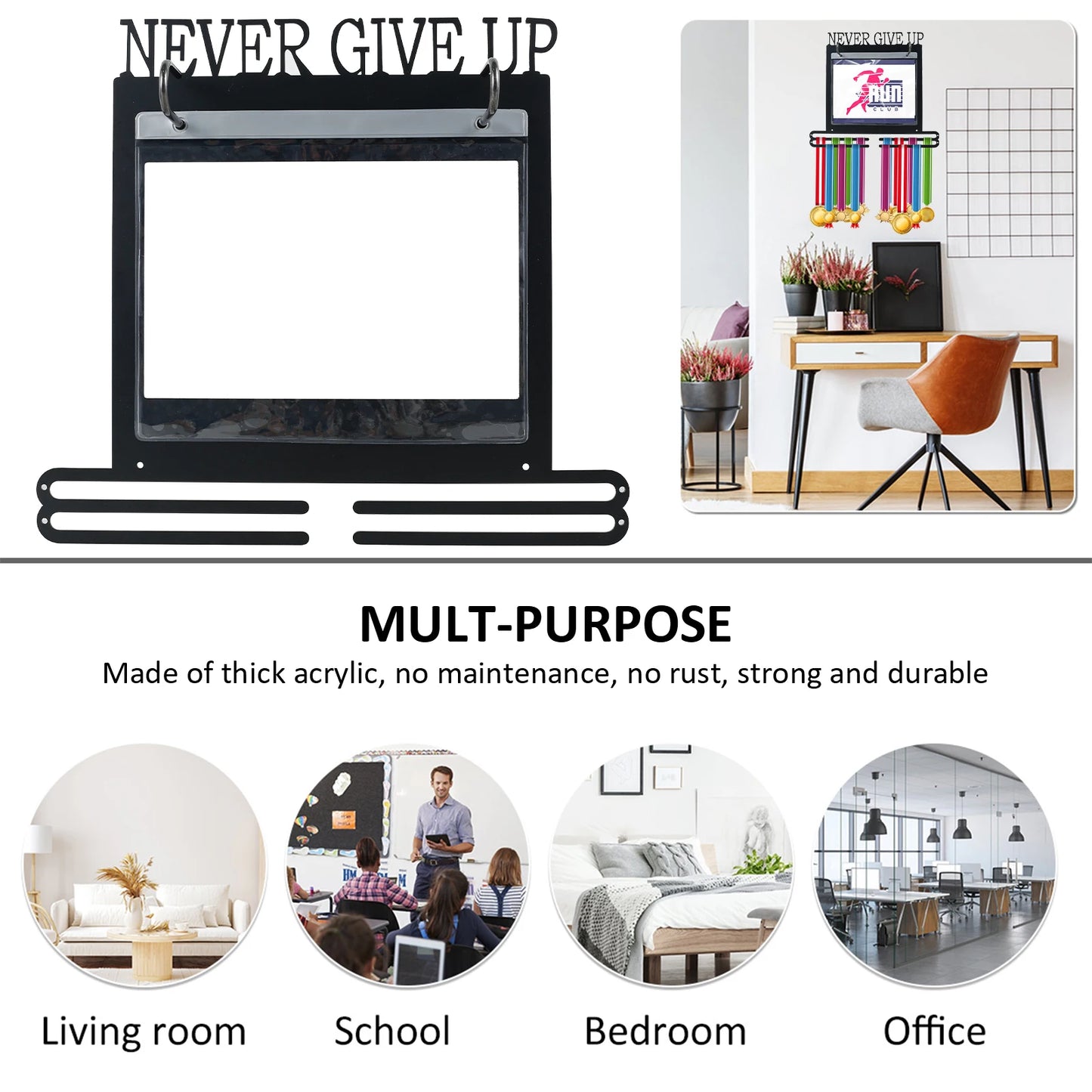 Medal Hanger Display Wall Mounted Medals Display Hanger with Number Bags and Hooks for Marathon Gymnastics Swim Race Decoration