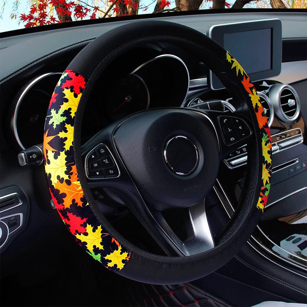 38cm Elastic Car Steering Wheel Cover Ethnic Style Print Anti-slip Car Steering-wheel Cover Car Interior Accessories Car Styling