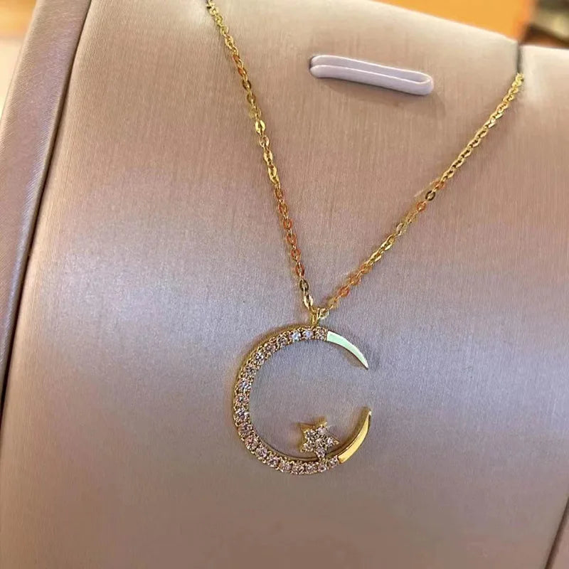 Fashion Zircon Moon Star Pendant Luxury Charm Gorgeous Necklace Women's Versatile Jewelry