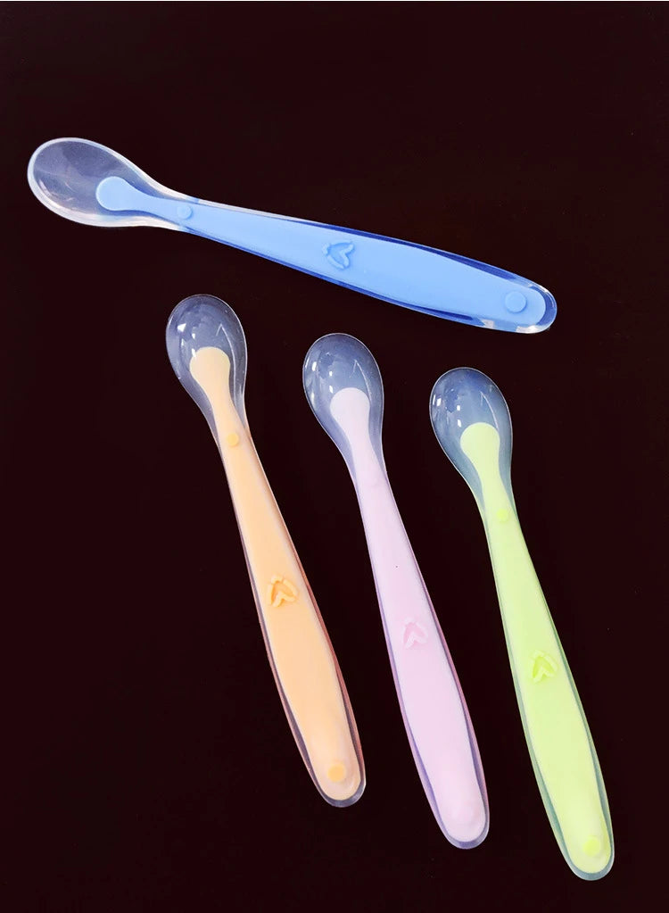 Baby Soft Silicone Spoon with Storage Box Candy Color Temperature Sensing Spoon Children Food Feeding Dishes Feeder Appliance