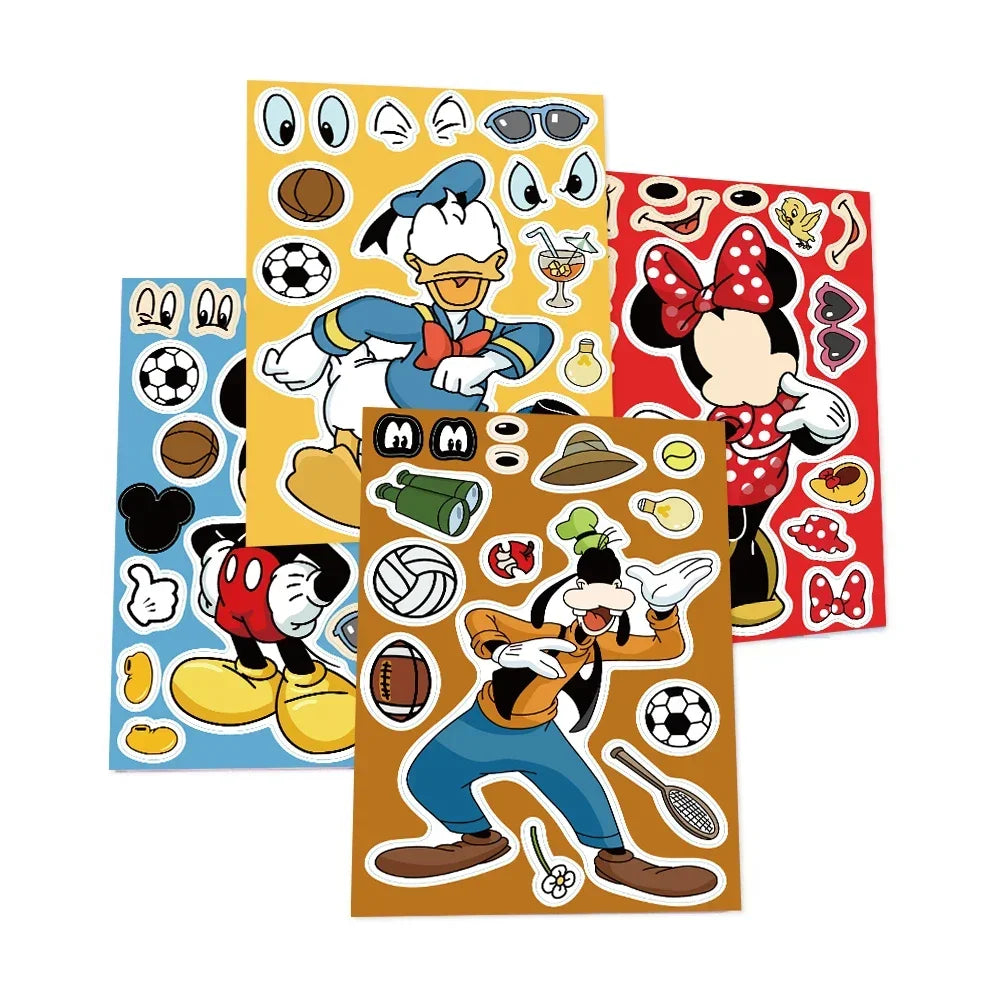 8/16Sheets Disney Micke Puzzle Stickers  Children DIY Make-a-Face Funny Assemble Jigsaw Cartoon Sticker Kids Educational Toys