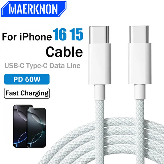 USB C to Type C Cable PD 65W Fast Charging Nylon Braided Data Cord For iPhone 16 15 Pro Samsung Type C Quick Charge Phone Cable