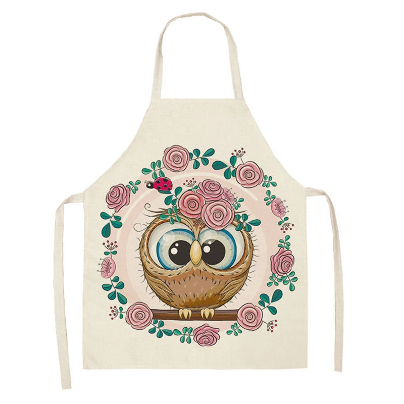 Owl Sleeveless Chef Apron Linen Floral Print Kitchen Decoration Apron Women'S Home Cooking Baked Waist Bib