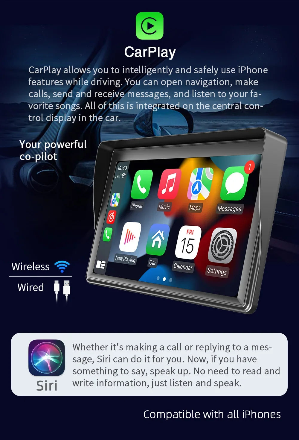 7 inch CarPlay Car Monitor Wireless Android-Auto Bluetooth FM Transmitter Buckup Camera Display USB HD MP5 Video Player