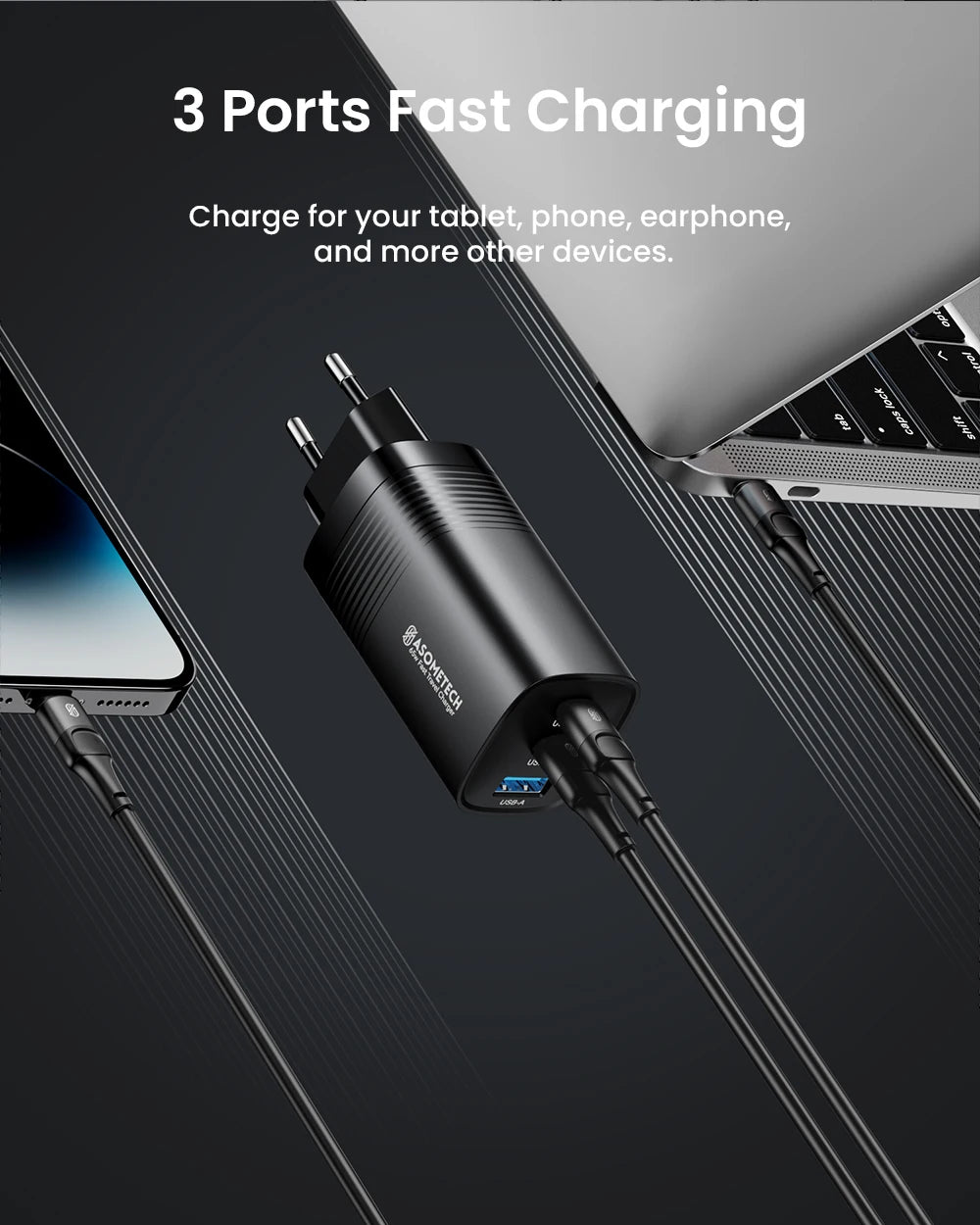ASOMETECH GaN USB Type C Charger 65W 45W PPS PD QC4.0 Quick Charger For Macbook Laptop IPAD Tablet iPhone 16 Samsung S23 Ultra