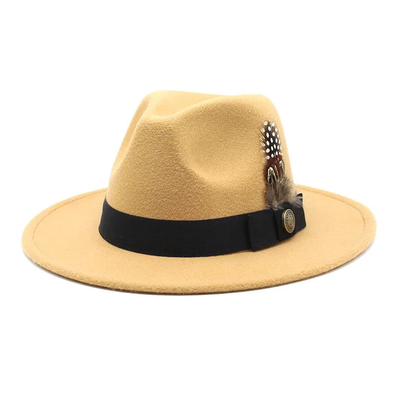 White Woolen Gentleman Classic British Jazz Feather Top Hat Wide Brim Party Church Wedding Fedora Hats Men Women Panama Felt Cap