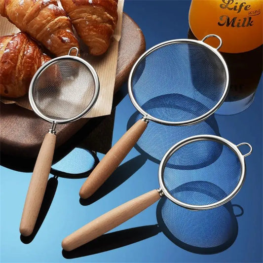 Wooden Handle Stainless Steel Small Colander Fine Mesh Oil Strainer Multi-function Filter Mesh Flour Sifter Kitchen Baking Tools