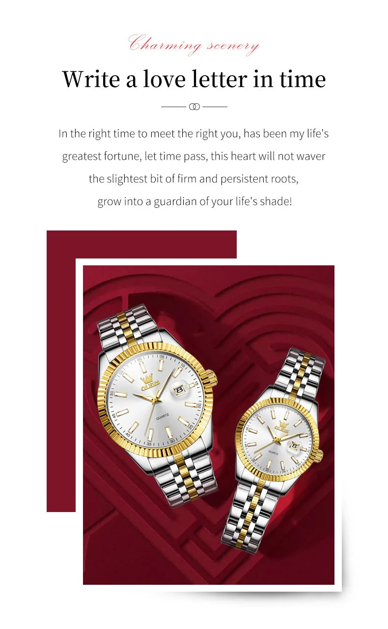 OLEVS 5593 Couple Watch Fashion Business Waterproof Stainless Steel Watch Luxury Brand Classic Date Week Clock Men Women Watch