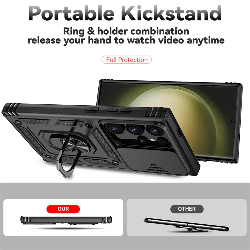 Armor Magnetic Bracket Case for Samsung S25 S24 S23 S22 S21 S20 Note 20 Ultra S10 Plus Slide Camera Protection Shockproof Cover