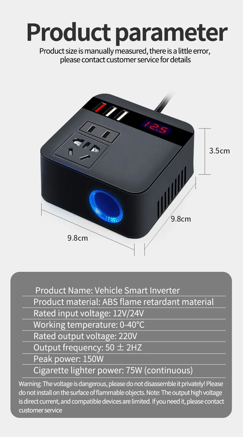 Car Inverter 150W Peak DC12V/24V to 110V/220V LED Display Sockets Power Inverter Adaptor Fast Charging