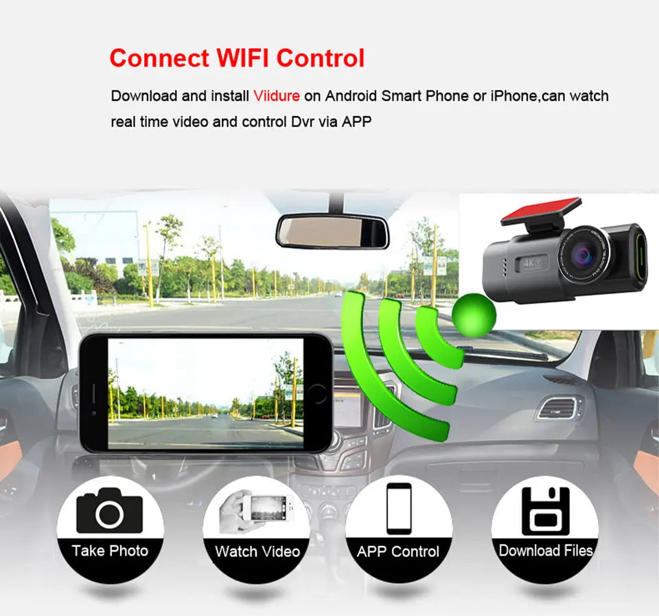 Dash Cam Dual Lens 4K UHD Recording Car Camera DVR Night Vision Video Recorder With GPS Wi-Fi Room Black Box Rear View Camera