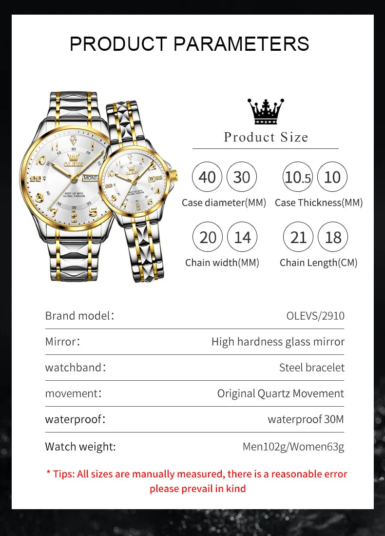 OLEVS 2910 Luxury Men Women Couple Watch Dual Calendar Display Waterproof Stainless Steel Clock Gold Diamond Couple Quartz Watch